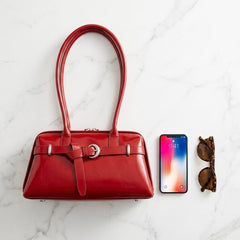 Rosvovo Genuine Leather Slouchy Tote Handbag, Red Shoulder Purse for Women with Adjustable Strap