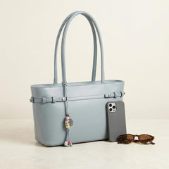 Rosvovo Blue Leather Tote Bag for Women - Elegant Handbag with Decorative Charm & Zipper Closure