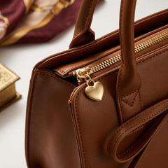 Rosvovo Brown Vegan Leather Handbag for Women, Crossbody Purse with Adjustable Shoulder Strap and Heart Charm Decoration