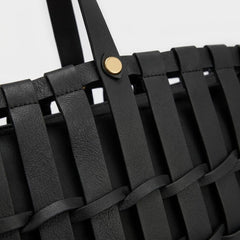 Rosvovo Handmade Genuine Cowhide Woven Bucket Bag | Premium Black Woven Leather Tote, Professional, Daily Use