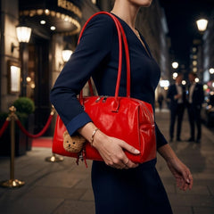 Rosvovo Red Patent Leather Shoulder Bag | Structured Dome Satchel Handbag, Gold Hardware