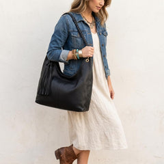 Rosvovo Cowhide Hobo Bag | Genuine Leather Slouchy Shoulder Bag, Women, Stylish Black Leather Handbag, Work, Daily Use