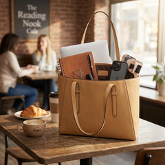 Rosvovo Large Tote Bag for Women, Stylish Leather-like Shoulder Purse with Zipper Closure and Bottom Studs, Tan