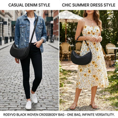 Rosvovo Woven Crossbody Bag - Black Leather Crescent Purse for Women, Trendy Braided Shoulder Bag & Small Sling Purse for Everyday Use