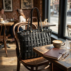 Rosvovo Handmade Genuine Cowhide Woven Bucket Bag | Premium Black Woven Leather Tote, Professional, Daily Use