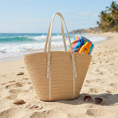 Rosvovo Straw Tote Bag | Stylish Raffia Beach Bag, Women, Large Woven Summer Handbag, Tropical Vacations, Resort Outings