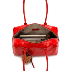 Rosvovo Red Patent Leather Shoulder Bag | Structured Dome Satchel Handbag, Gold Hardware