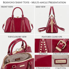 Rosvovo Women's Shiny Red Patent Leather Purse | Structured Top Handle Handbag, Formal Events, Evening Wear