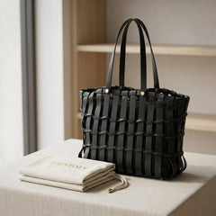 Rosvovo Handmade Genuine Cowhide Woven Bucket Bag | Premium Black Woven Leather Tote, Professional, Daily Use