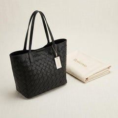 Rosvovo Luxury Handmade Woven Tote Bag for Women | Black Woven Leather Handbag, Inner Pouch