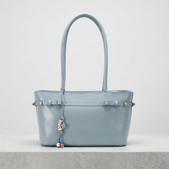 Rosvovo Blue Leather Tote Bag for Women - Elegant Handbag with Decorative Charm & Zipper Closure