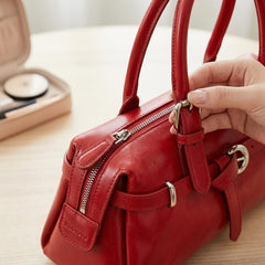 Rosvovo Genuine Leather Slouchy Tote Handbag, Red Shoulder Purse for Women with Adjustable Strap