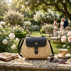 Rosvovo Fashion Summer Straw Woven Women's Purse | Woven Crossbody Bag, Tropical Vacation, Beach Outings, Black