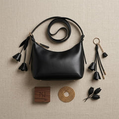 Rosvovo Women's Crescent Shoulder Bag - Vegan Leather Crossbody Handbag with Flower Charm & Tassels