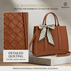 Rosvovo Laptop Bag for Women | Vintage Quilted PU Leather Work Tote Bag, Water Resistant Brown Professional Handbag, Office, Commuting