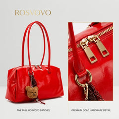 Rosvovo Red Patent Leather Shoulder Bag | Structured Dome Satchel Handbag, Gold Hardware