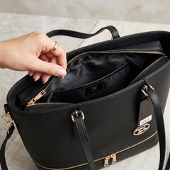 Rosvovo Women's Leather Tote Bag - Classic Black Handbag with Detachable Shoulder Strap & Gold-Tone Hardware