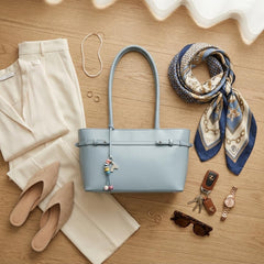 Rosvovo Blue Leather Tote Bag for Women - Elegant Handbag with Decorative Charm & Zipper Closure