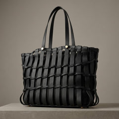 Rosvovo Handmade Genuine Cowhide Woven Bucket Bag | Premium Black Woven Leather Tote, Professional, Daily Use