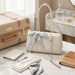 Rosvovo Elegant White Leather Handbag for Women - Luxury Bow Detail Shoulder Bag & Travel Purse