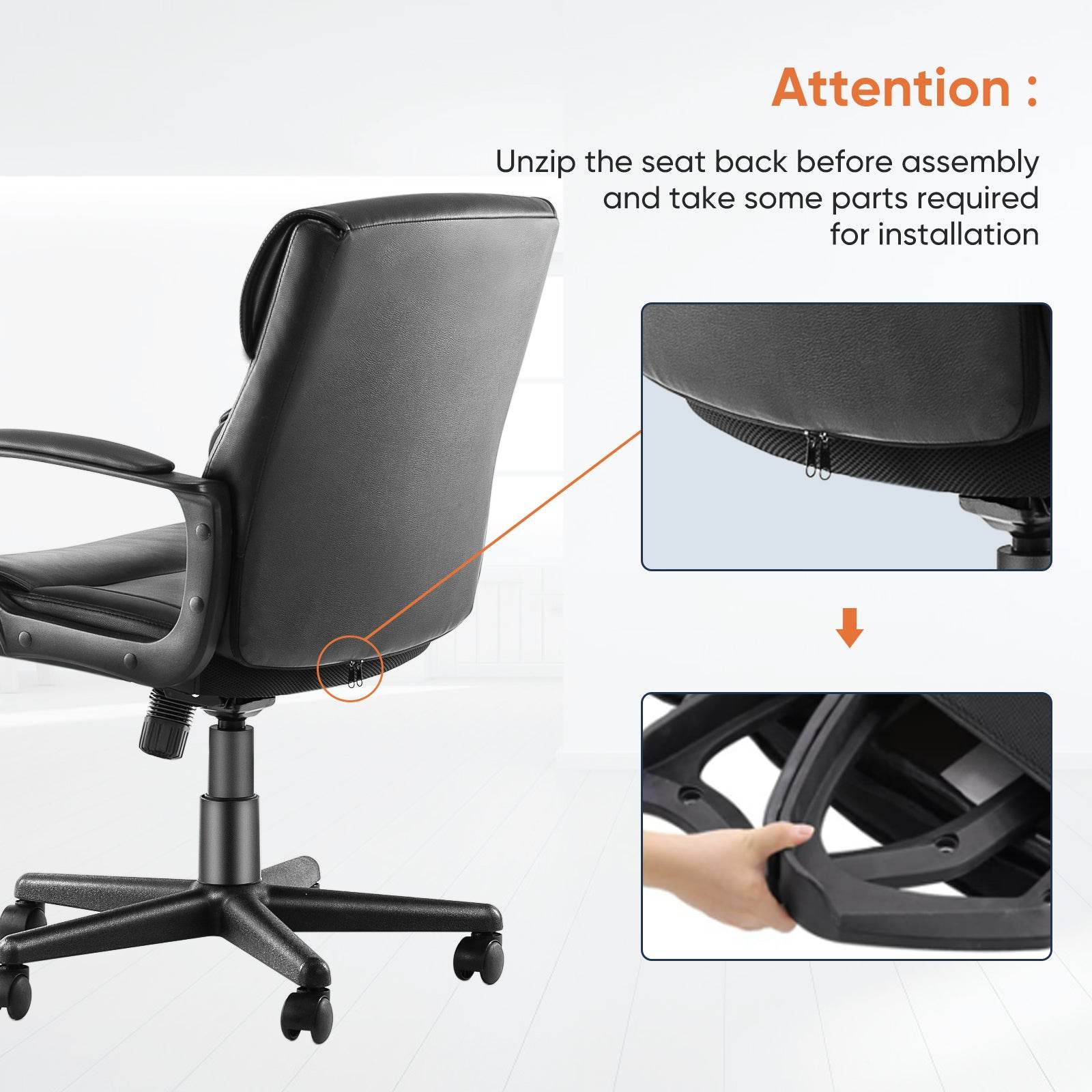 MyDepot Executive Swivel Task Chair - 
Attention :
Unzip the seat back before assemblyand take some parts required
for installation