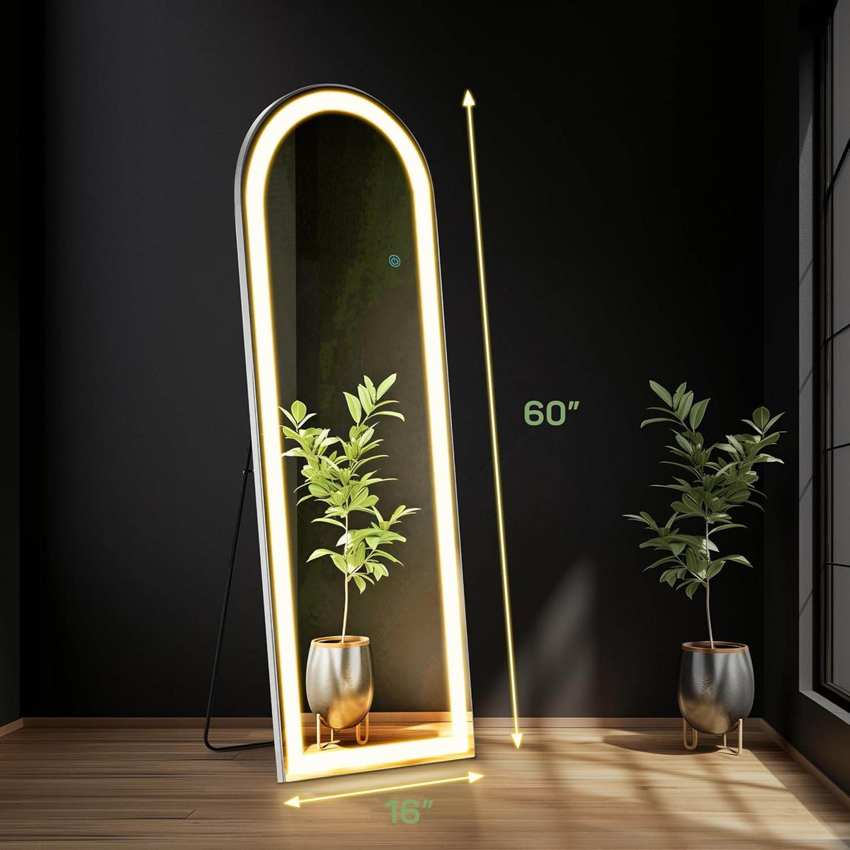 MyDepot Full Length Mirror with LED Lights Floor Standing Hanging Reclining High Rectangular/Arched Mirror with Bracket Aluminum Alloy Frame Dimmable Three Color Lighting Suitable for Bedroom Cloakroom - My Depot