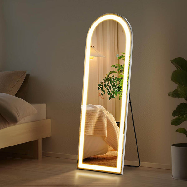 MyDepot Full Length Mirror with LED Lights Floor Standing Hanging Reclining High Rectangular/Arched Mirror with Bracket Aluminum Alloy Frame Dimmable Three Color Lighting Suitable for Bedroom Cloakroom - My Depot
